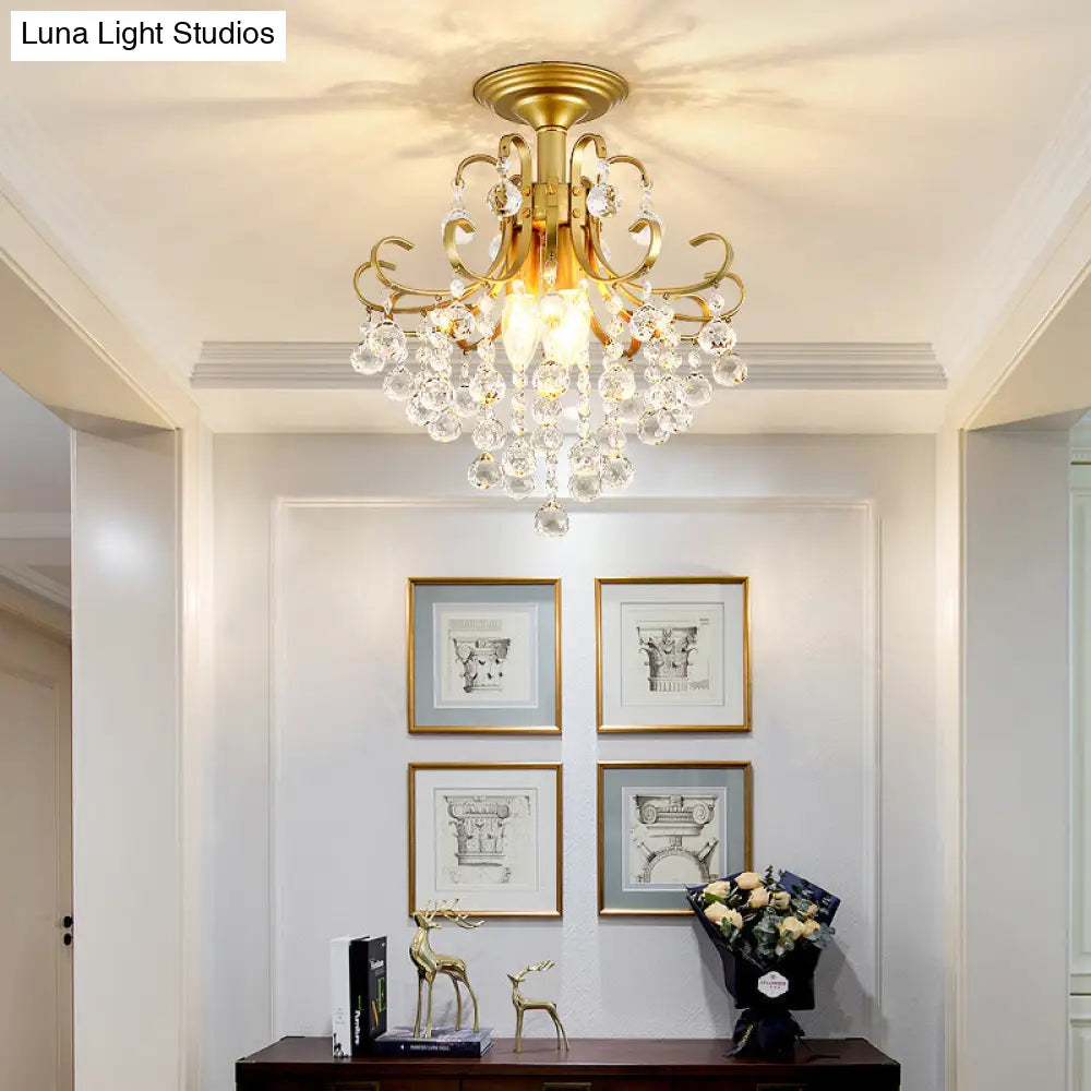 Vintage Swirl Metal Semi - Flush Ceiling Lighting With Crystal Orbs (3 Bulbs)