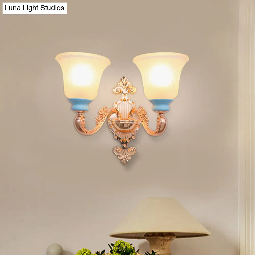 Vintage Swirled Arm Wall Light - Gold Metal Mounted Lighting With Frosted Ribbed Glass Shade