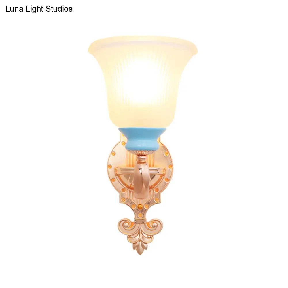 Vintage Swirled Arm Wall Light - Gold Metal Mounted Lighting With Frosted Ribbed Glass Shade