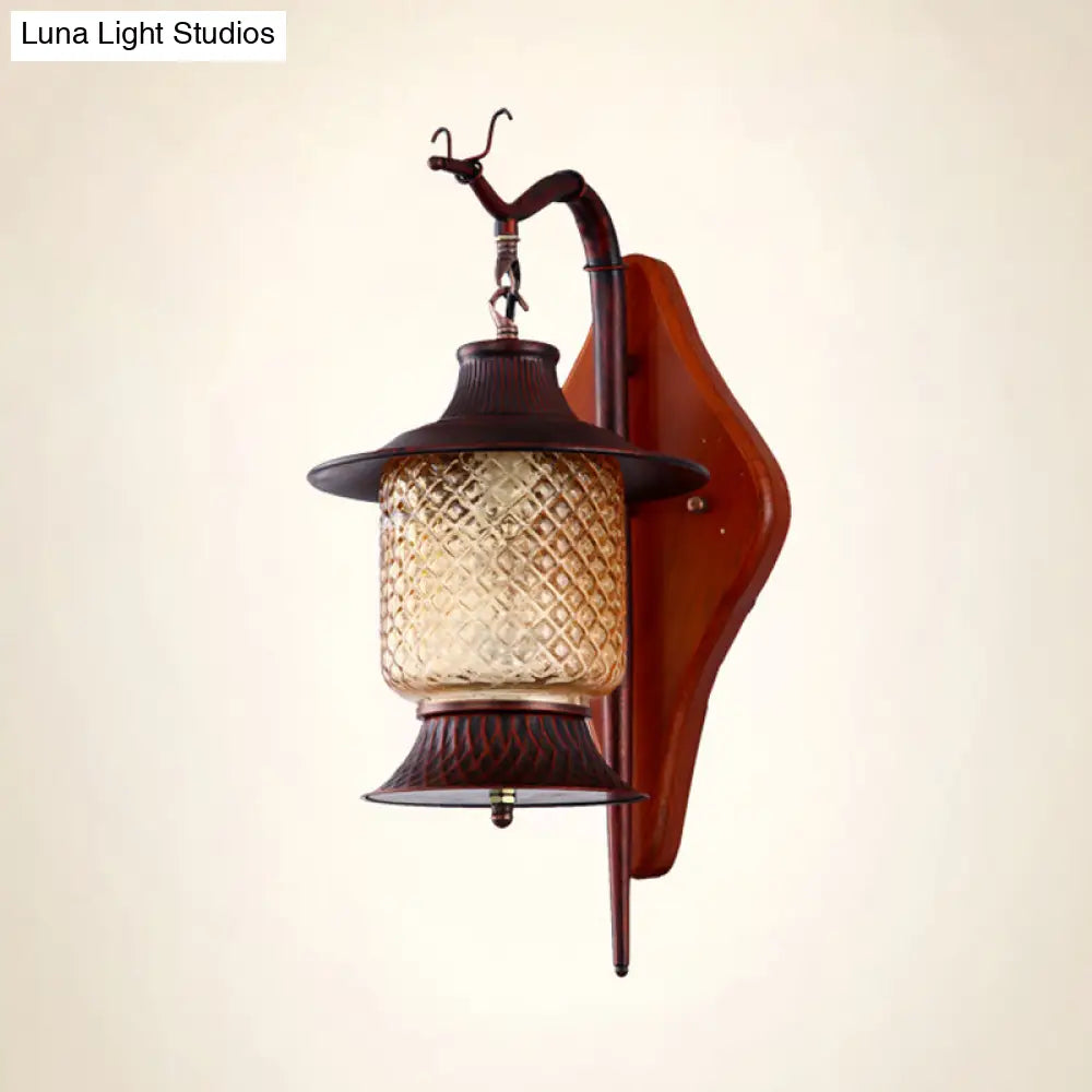 Vintage Tan Glass Lantern Sconce Light Fixture - 1-Light Copper Wall Lighting With Wood Backplate