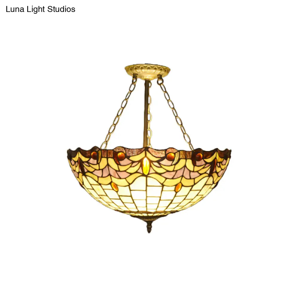 Vintage Tiffany Stained Glass Chandelier With Brass Finish - Perfect For Dining Table