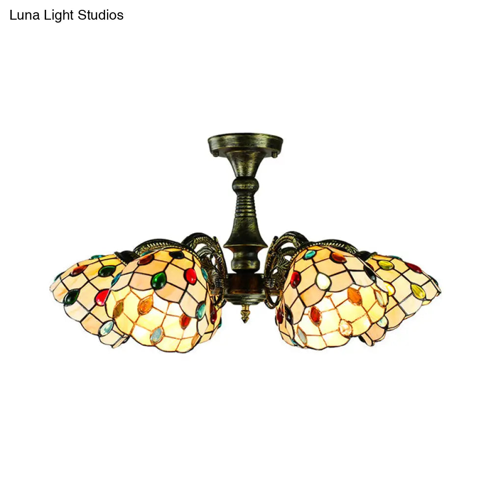 Vintage Tiffany Stained Glass Pendant Light Chandelier With Peacock Tail Design - 6 Lights Antique