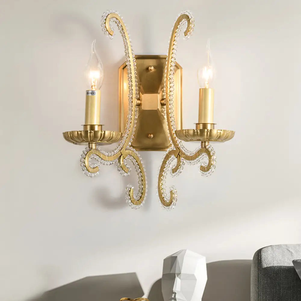 Vintage Wall Mount Candelabra Light Fixture With Crystal Beaded Arm - Metallic 2 / Gold