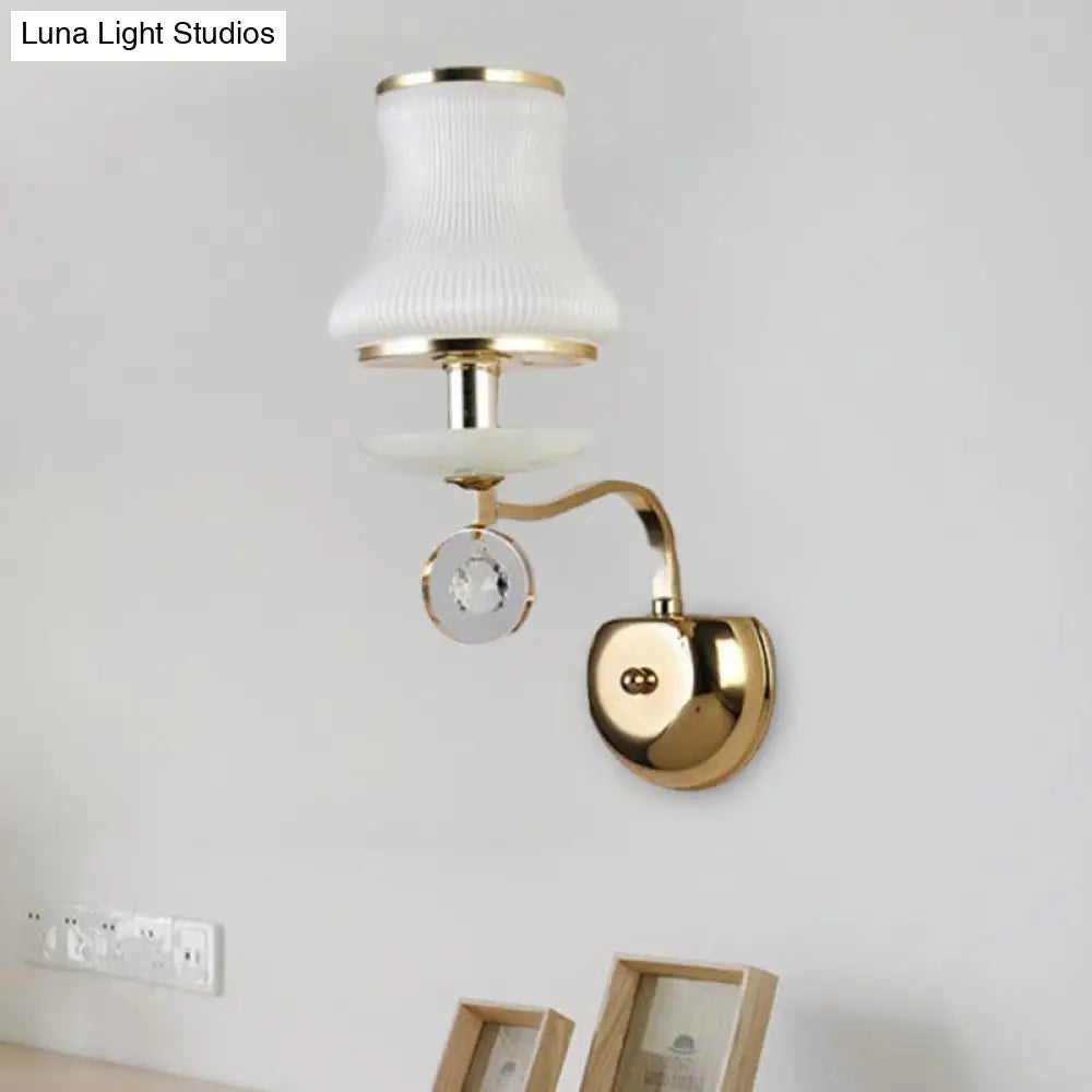 Vintage White Glass Bell Wall Lamp With Crystal Accent And Led Lighting For Living Room (1/2 Heads)
