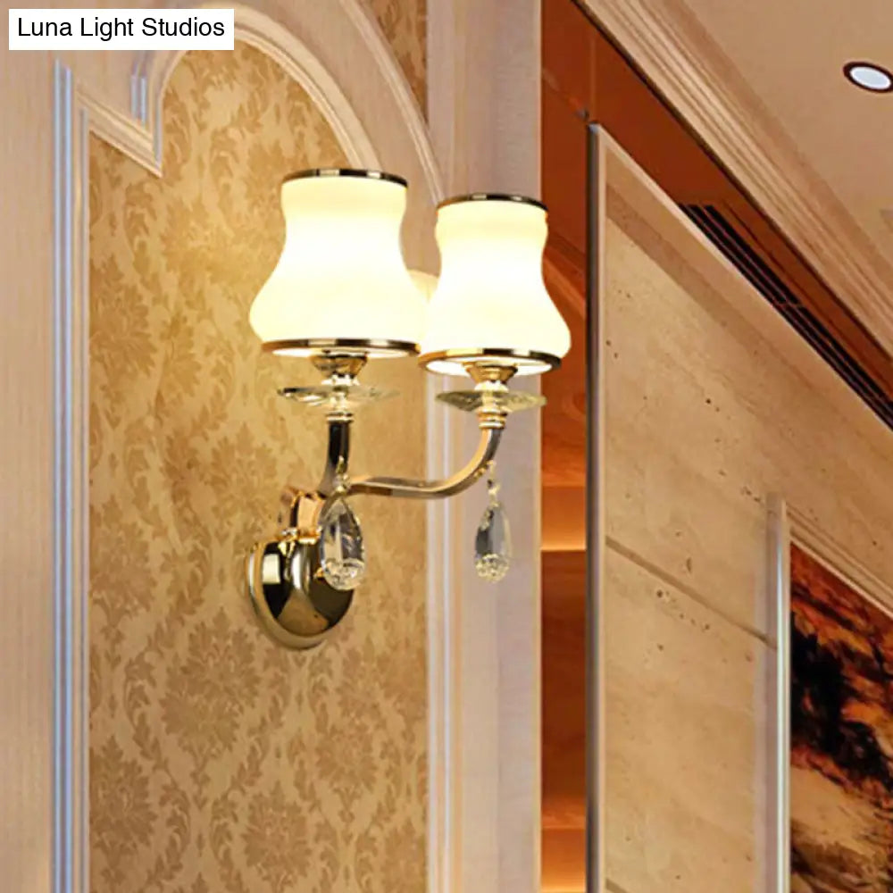 Vintage White Glass Bell Wall Lamp With Crystal Accent And Led Lighting For Living Room (1/2 Heads)