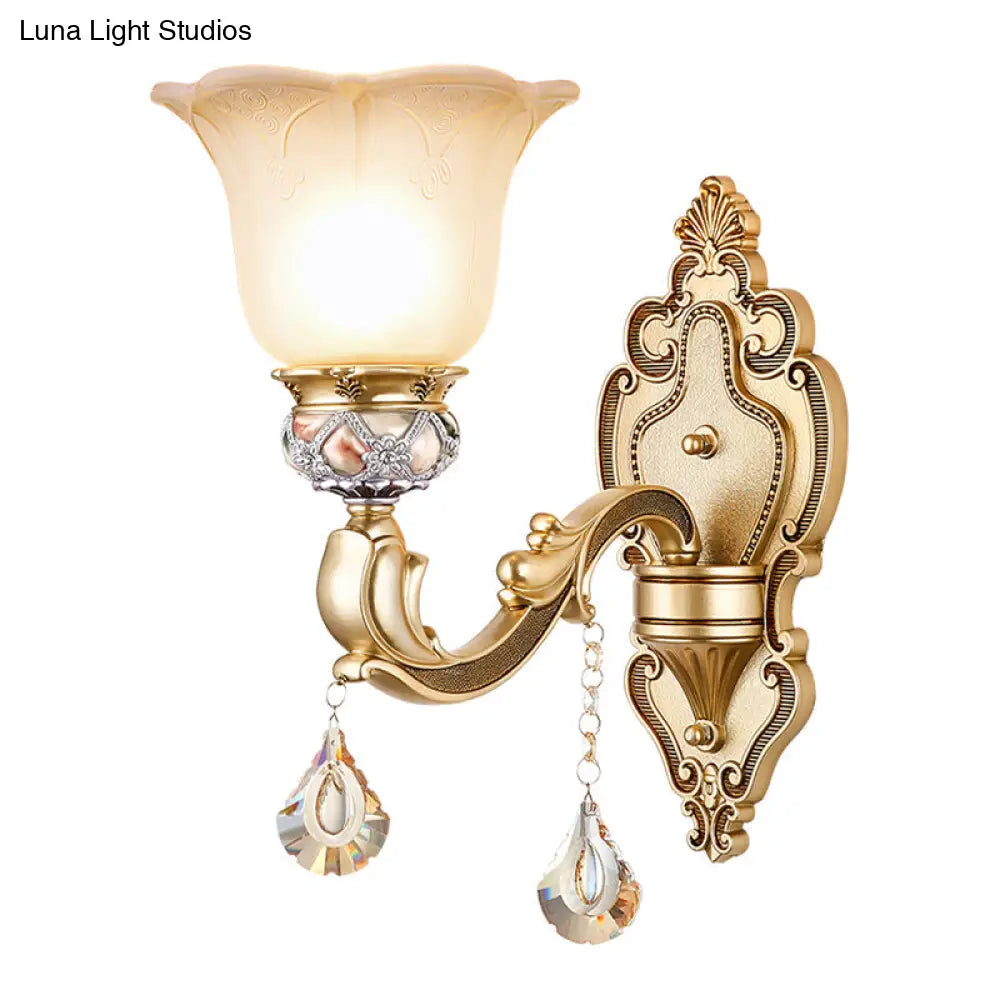 Vintage White Glass Wall Sconce With Crystal Accent And Gold Resin Arm