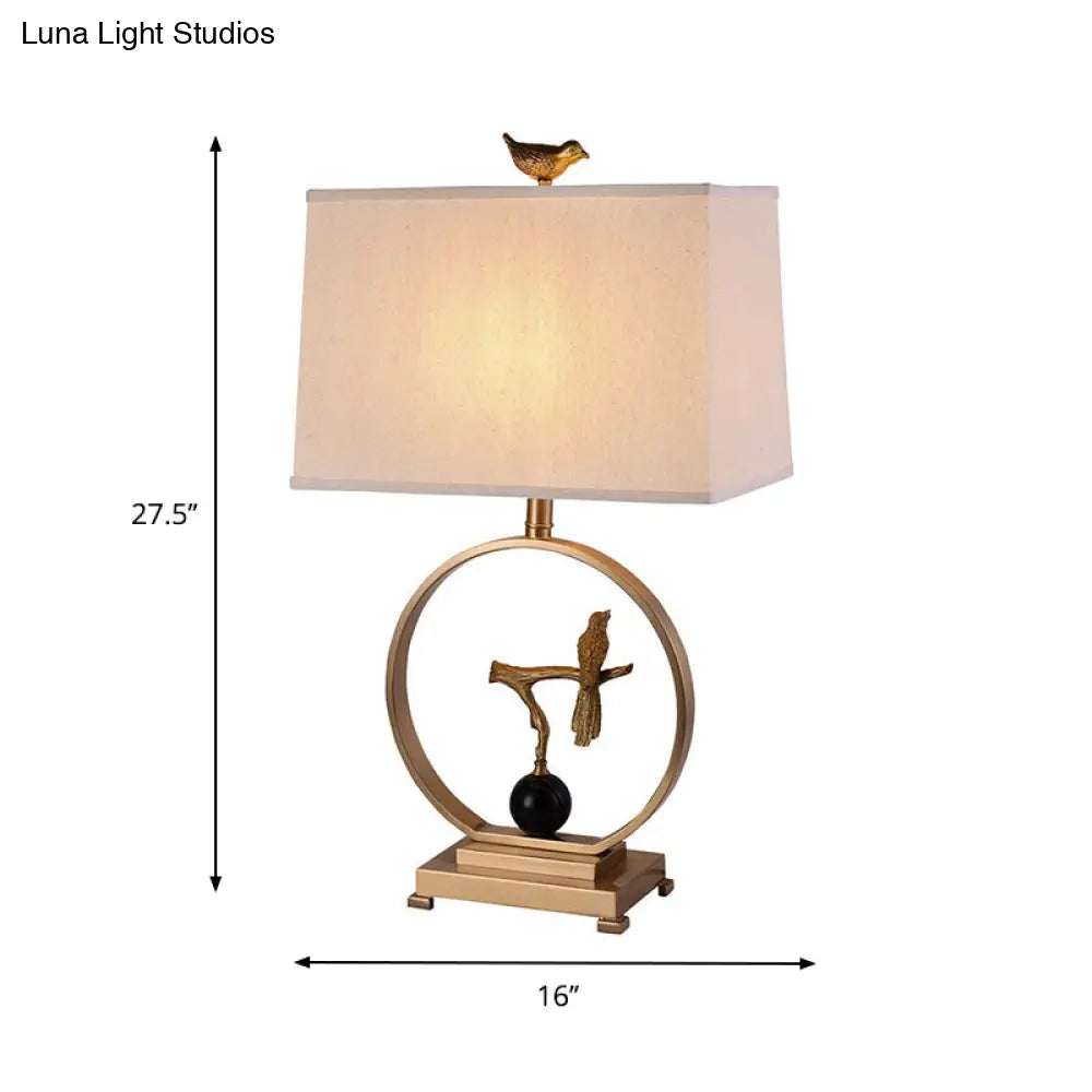 Vintage White Table Lamp With Gold Bird Design - Elegant 1 Light Rectangular Shape Fabric Shade