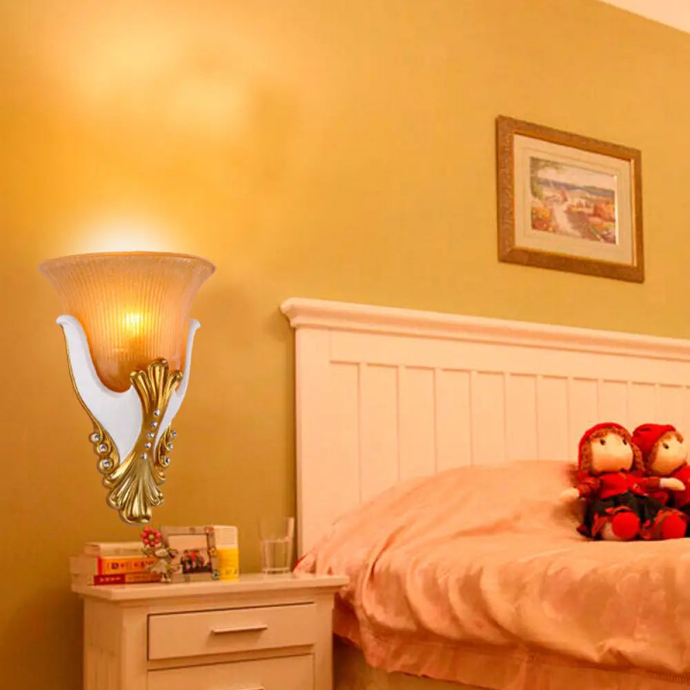 Vintage White/Yellow Glass Wall Light With Ribbed Design - Bedside Sconce Bell Shape 9.5/13 Wide