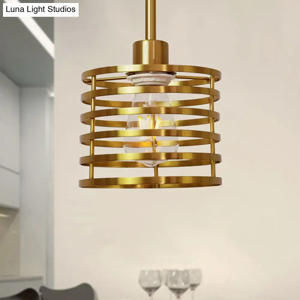 Vintage Wire Cage Hanging Lamp: Metallic Pendant Light With Cylindrical Black/Brass Shade
