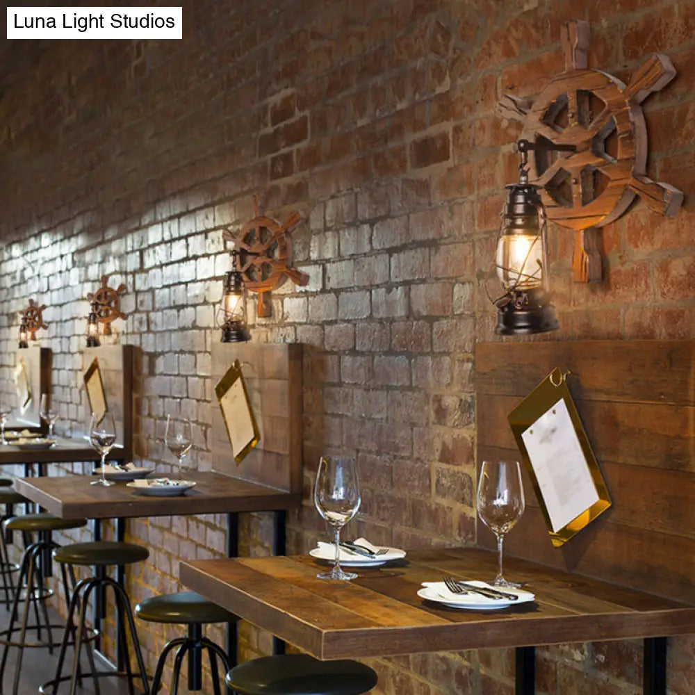 Vintage Wooden Rudder Wall Lamp - Industrial Nautical Style Sconce For Restaurant Bar