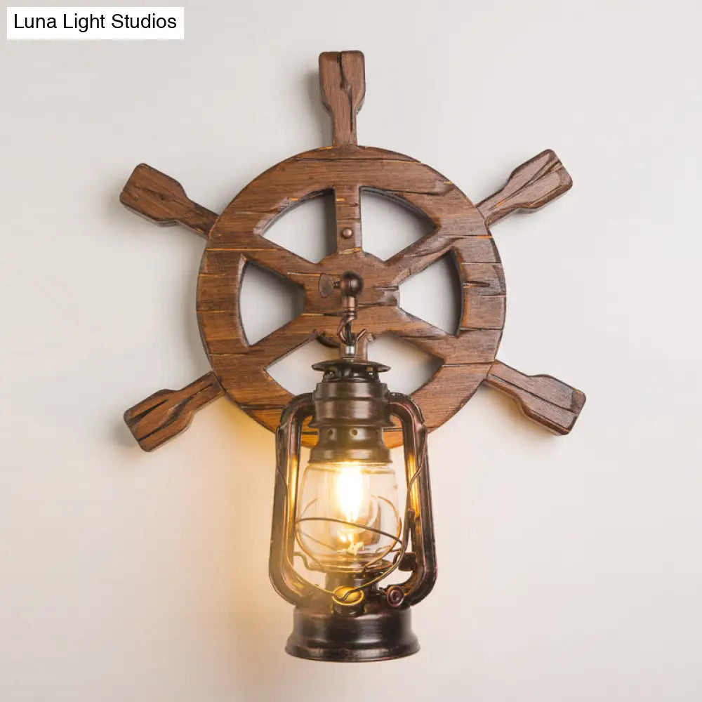 Vintage Wooden Rudder Wall Lamp - Industrial Nautical Style Sconce For Restaurant Bar