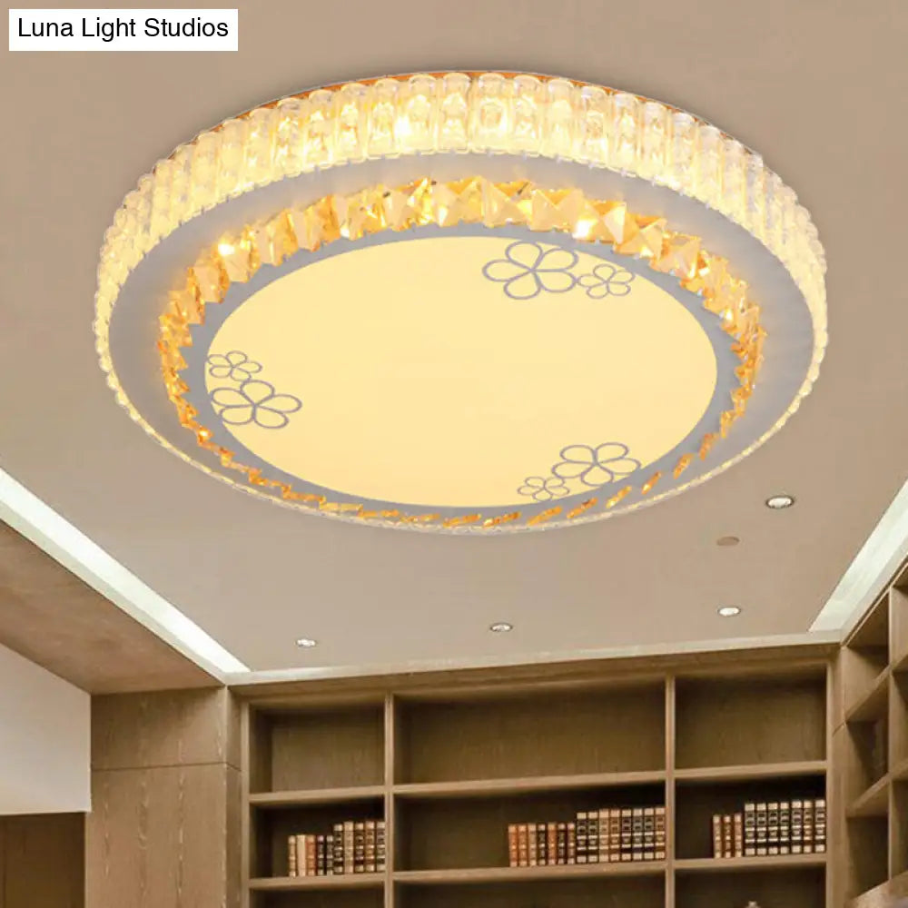 White Crystal Led Flush Mount Lamp With Flower Pattern - Elegant Bedroom Lighting