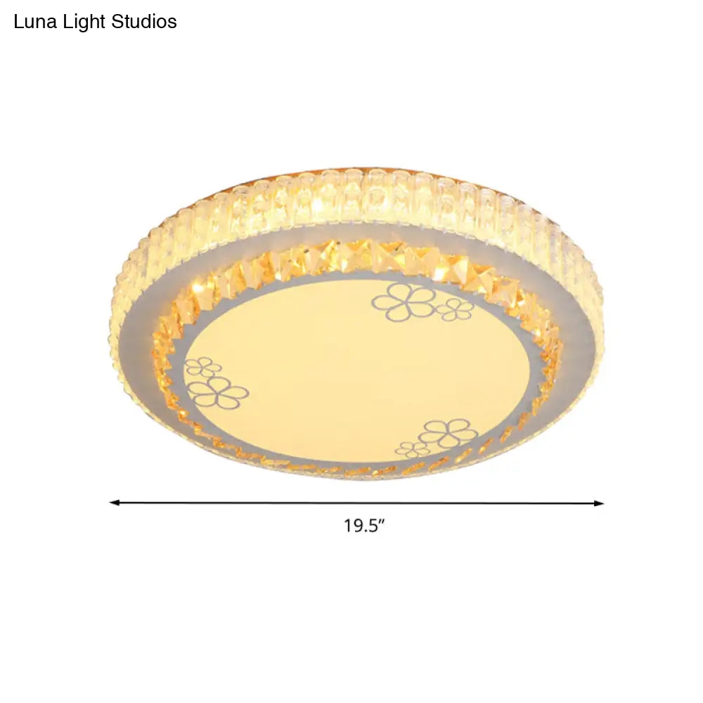 White Crystal Led Flush Mount Lamp With Flower Pattern - Elegant Bedroom Lighting