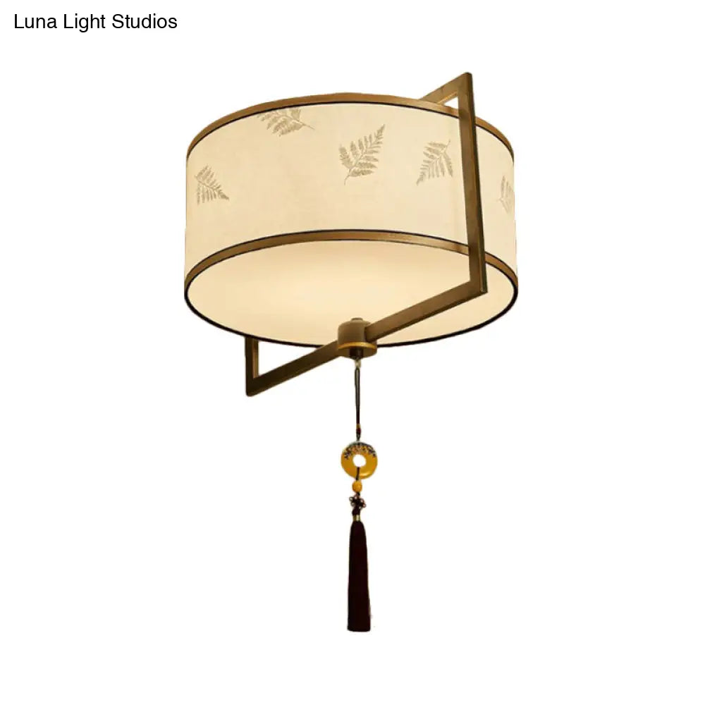 White Fabric Ceiling Mounted Drum Fixture - 5-Light Classic Style Flush Mount Lighting