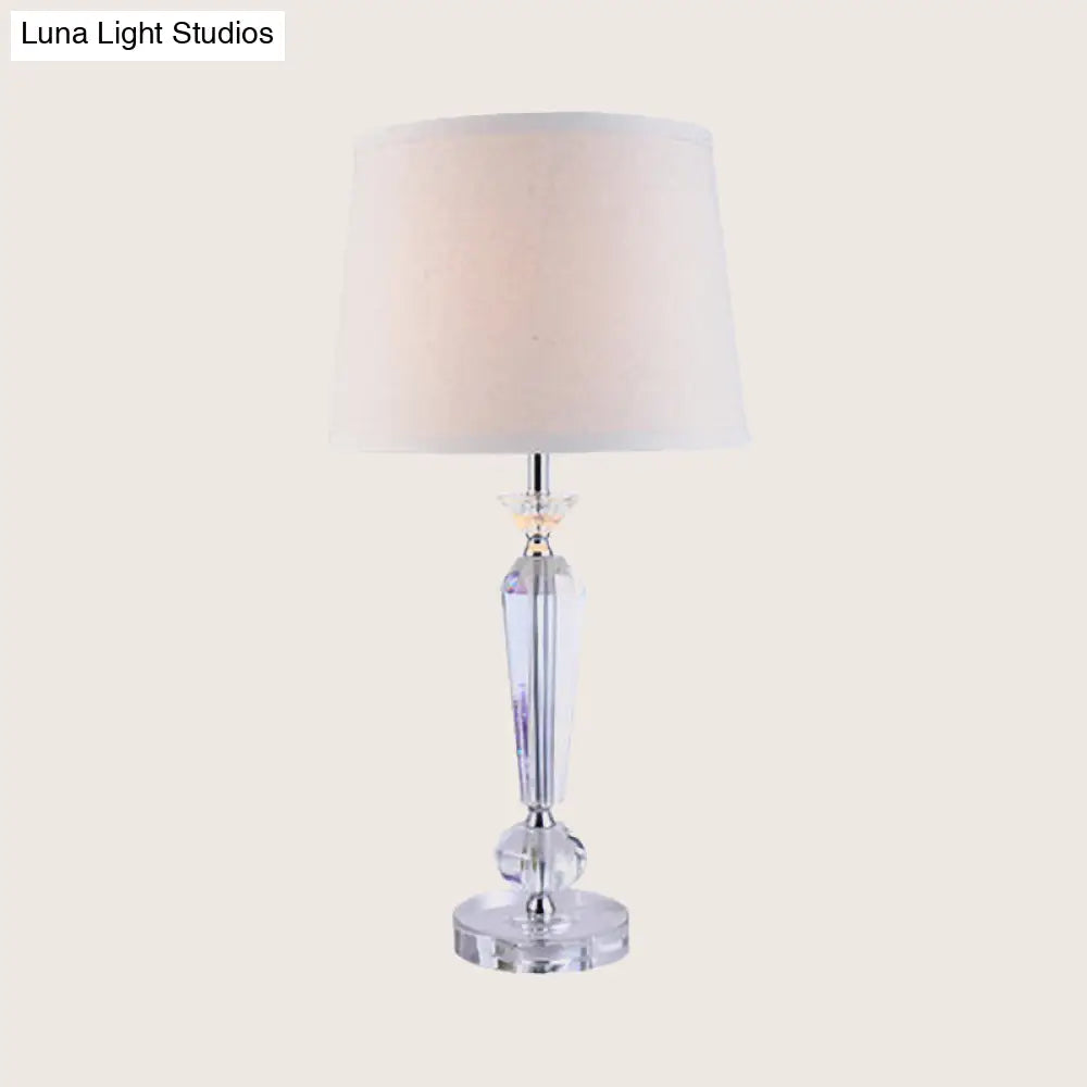 White Fabric Table Lamp With Hand-Cut Crystal Accent And Modern Baluster Design