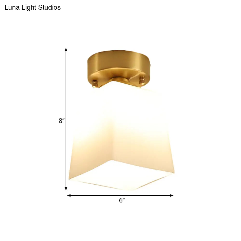 White Glass Brass Flush Lamp - Scalloped/Shell/Trapezoid Design 1 - Light Cottage Ceiling Mount For