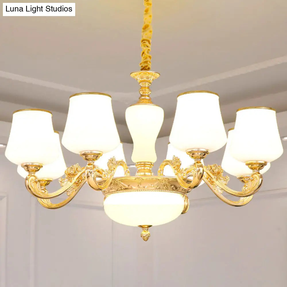 White Glass Gold Chandelier With Tapered Drop Pendant And Scrolled Arm Design