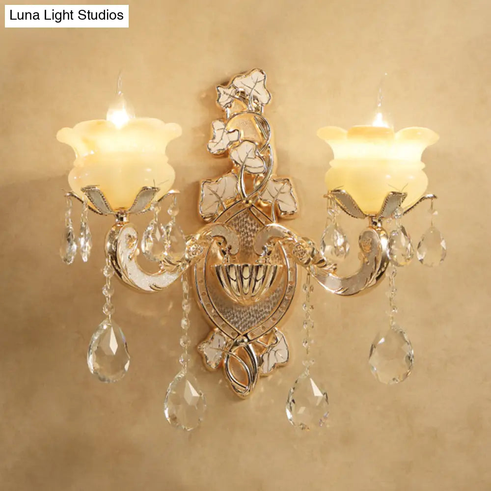 White Glass Wall Sconce With Crystal Draping Brass Mount - Traditional Candle Style Lighting (1/2