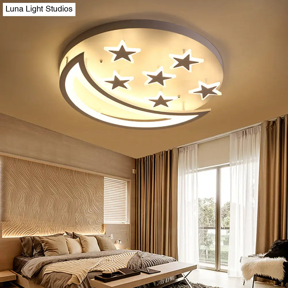 White Metal Moon And Star Flush Ceiling Light For Kid’s Cartoon Bedroom
