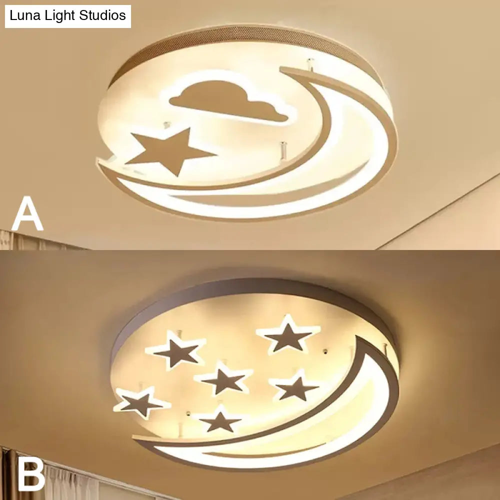 White Metal Moon And Star Flush Ceiling Light For Kid’s Cartoon Bedroom