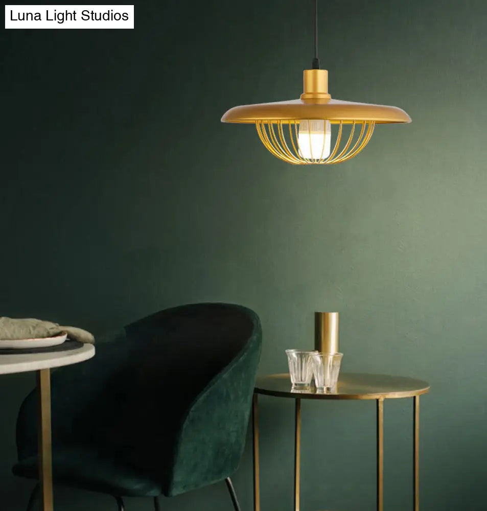 Wire Cage Down Lighting Pendant With Metal Shade - Modern Style Fixture
