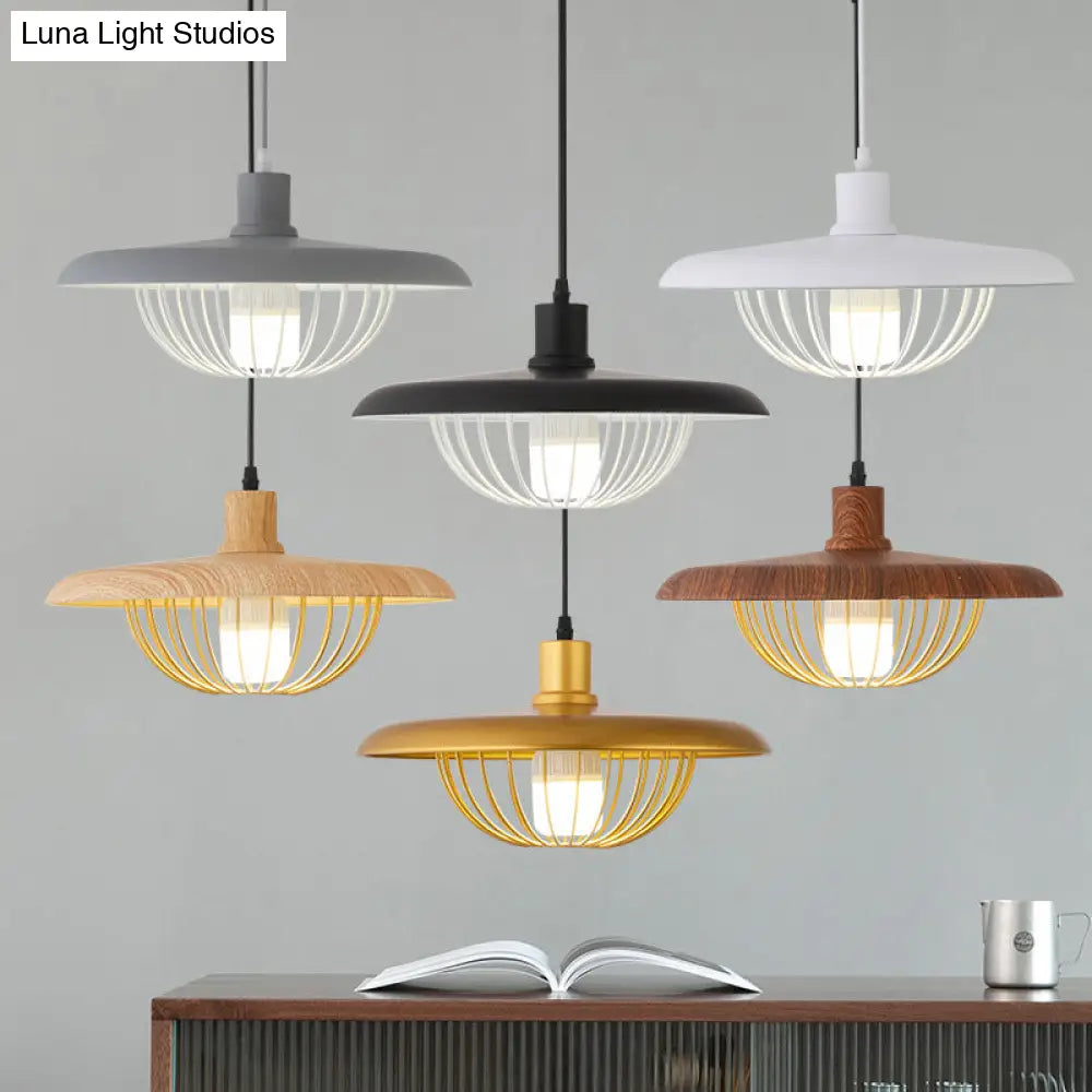 Wire Cage Down Lighting Pendant With Metal Shade - Modern Style Fixture