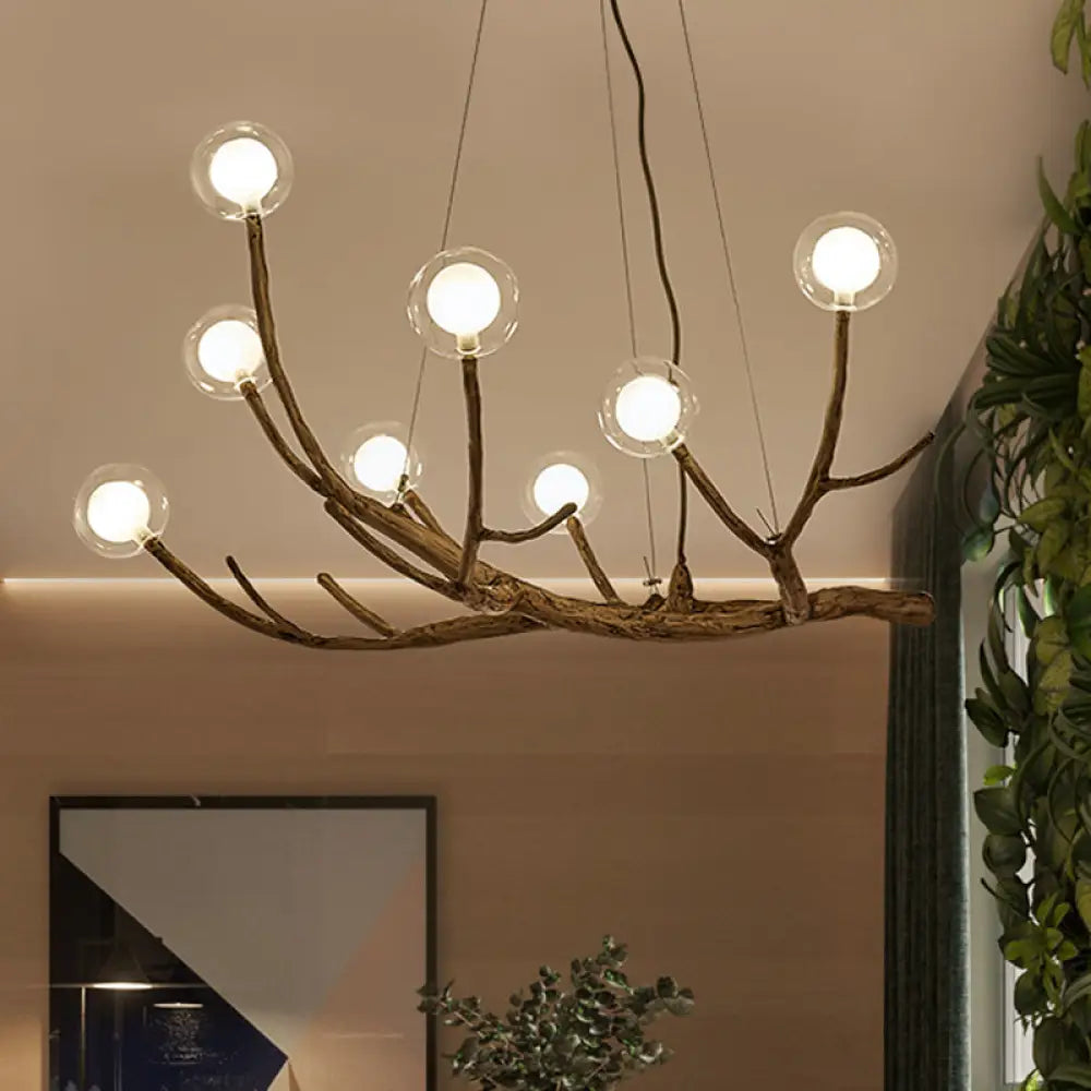 Wooden Branch Chandelier Lodge Style Ceiling Light With Glass Ball Shade - Warm/White 8/12/16