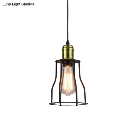 1-Bulb Bronze/Brass Suspended Metal Pendant Lamp - Mini Industrial Wire Cage Light For Living Room