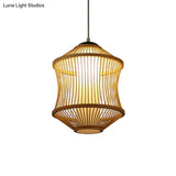 1 Head Asian Style Restaurant Hanging Light With Cylinder Bamboo Shade - Beige Ceiling Lamp