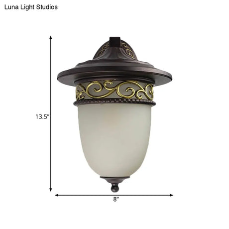 1-Head Rustic Elongated Dome Outdoor Wall Lamp In Black With Frosted Glass
