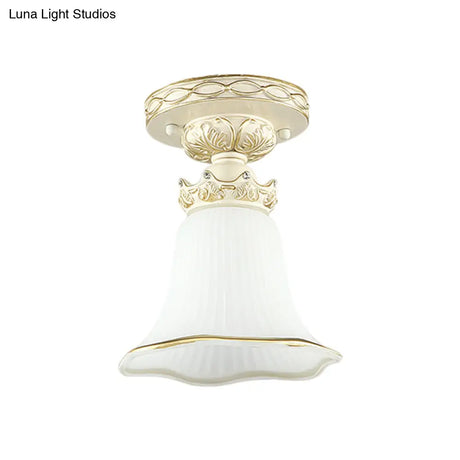 1 - Head Vintage Flush Mount Ceiling Light With Milky Glass Flower Design