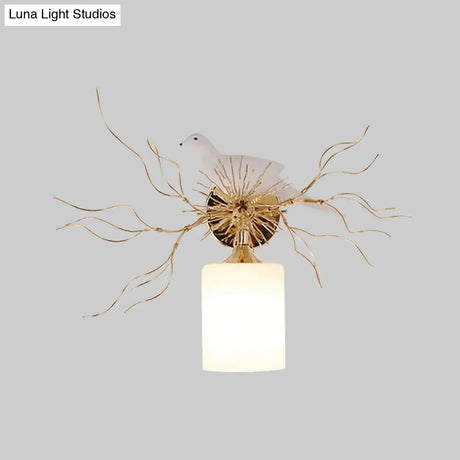 1-Head White Glass Wall Lamp For Bedroom - Loft Cylinder Lighting With Bird Accent