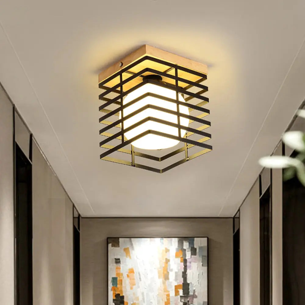 1-Light Black/White Metal Square Flush Mount Pendant Fixture For Corridor Ceiling Black