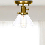 1-Light Clear/Amber Glass Ceiling Lighting - Industrial Brass Cone/Rhombus/Bell Semi Flush Mount