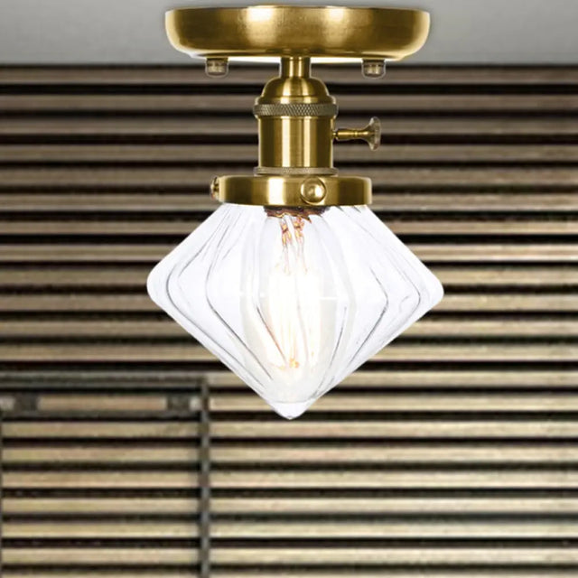 1-Light Clear/Amber Glass Ceiling Lighting - Industrial Brass Cone/Rhombus/Bell Semi Flush Mount