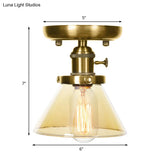 1-Light Clear/Amber Glass Ceiling Lighting - Industrial Brass Cone/Rhombus/Bell Semi Flush Mount