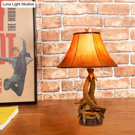 1-Light Desk Lamp: Traditional Wood & Fabric With Antler Accents - Ideal Bedroom Task Lighting