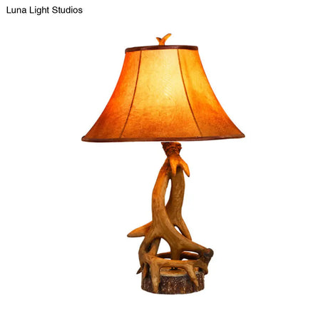 1-Light Desk Lamp: Traditional Wood & Fabric With Antler Accents - Ideal Bedroom Task Lighting