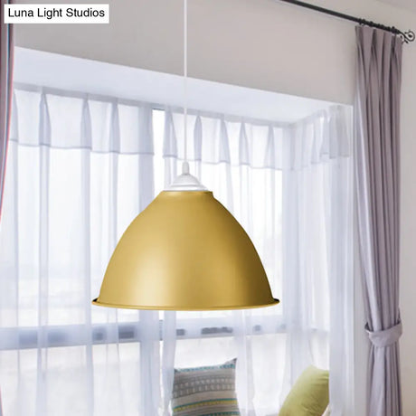 1-Light Industrial Dome Pendant Light In Frosted Green/Yellow For Dining Room - Aluminum Ceiling