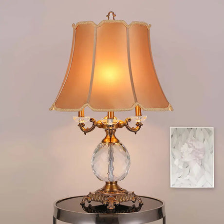 1-Light Lodge Paneled Bell Fabric Table Lamp In White/Beige With Crystal Accent For Bedroom Beige