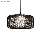 1-Light Restaurant Hanging Bamboo Drum Pendant Lamp 16’’/23.5’’ Wide Black Shade Fixture