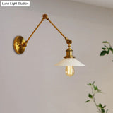 1-Light Saucer Shade Wall Sconce With Swing Arm - Industrial Brass/Bronze Finish And Frosted Glass