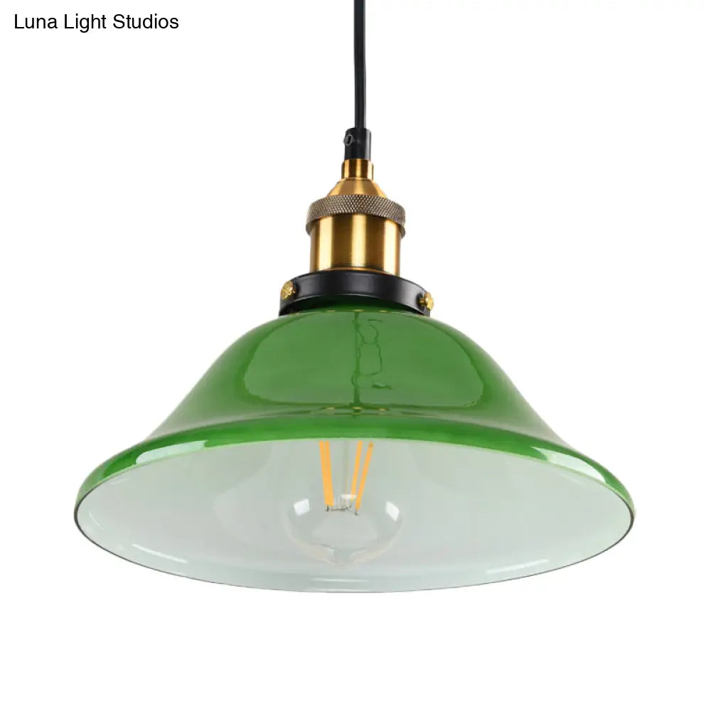 1-Light Vintage Brass Green Glass Pendant Hanging Light Fixture 8’/10’ Width – Perfect For