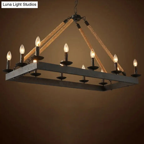 10-Head Rope Hanging Island Light: Industrial Metal Lamp In Black With Candle Design
