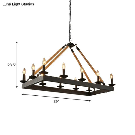 10-Head Rope Hanging Island Light: Industrial Metal Lamp In Black With Candle Design