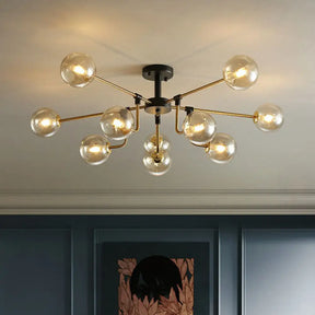 10-Light Black And Brass Chandelier With Radial Pendant Ball Glass Shade: A Postmodern Statement