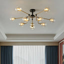 10-Light Black And Brass Chandelier With Radial Pendant Ball Glass Shade: A Postmodern Statement