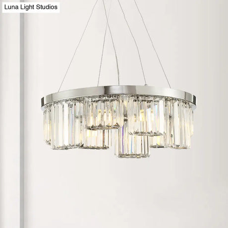10-Light Chrome Cylinder Ceiling Chandelier With Rectangular-Cut Crystal Hanging Lamp Kit