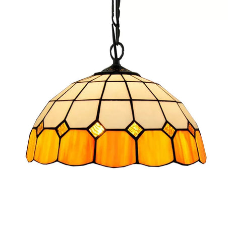 Beige/Orange/Blue Tiffany Dome Pendant Light - Stained Art Glass Ceiling Fixture For Living Room