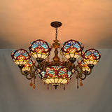 Blue Tiffany Crystal Chandelier With Bowl Glass Shade - 9 Light Suspension For Bedroom